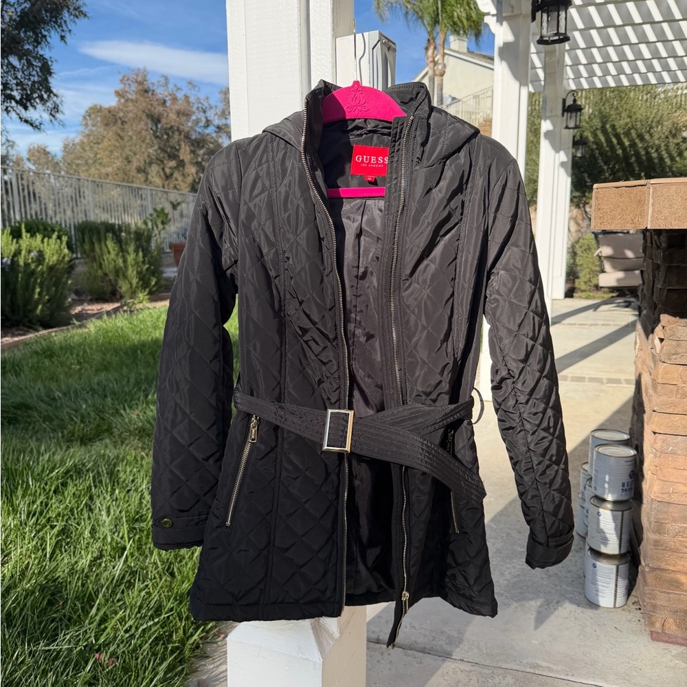 GUESS Size XS Women's Black & Gold Quilted Long Hooded Jacket Coat